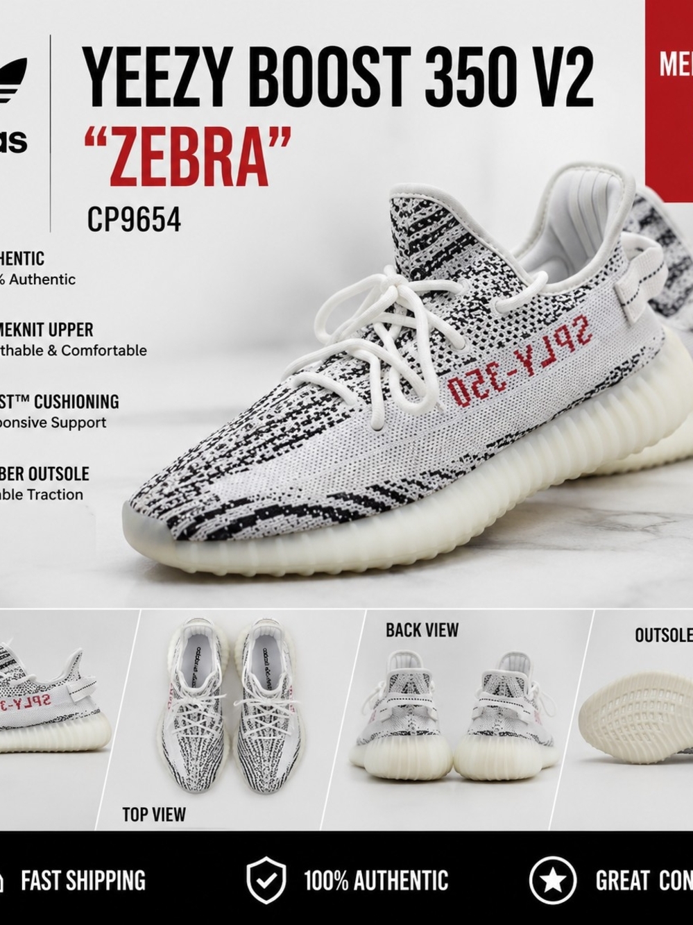 Adidas Yeezy Boost 350 V2 Zebra CP9654 Men's Size 9 Shoes Authentic